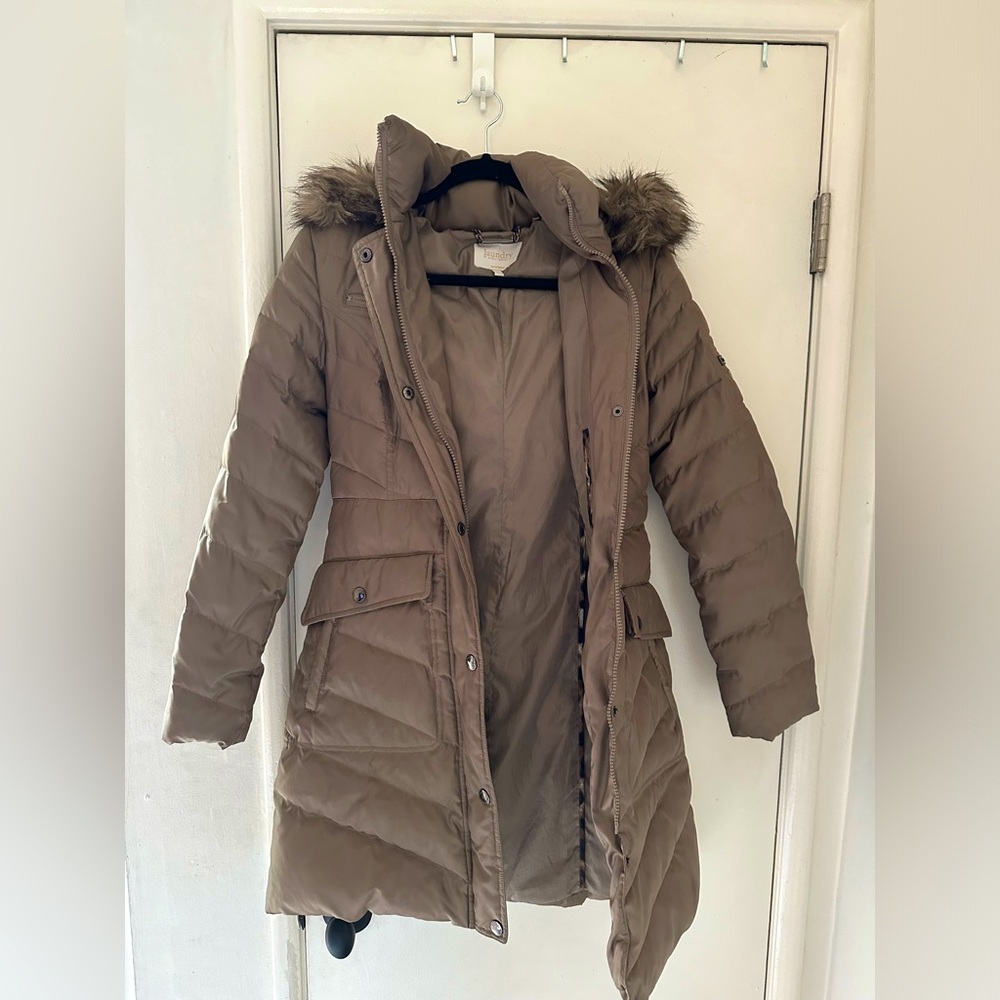 LAUNDRY by Shelli Segal Brown Winter Jacket W/ Faux Fur Detachable Trim Hood-XS